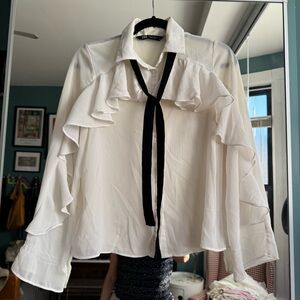 Zara White Ruffle Blouse with Black Tie